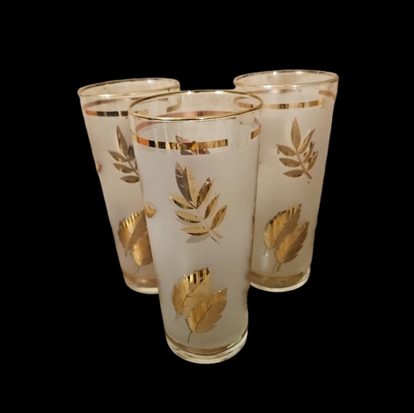 Libbey Golden Foliage Frosted Barware Flat Tumbler Drinking Glasses set of 3 - Picture 2 of 16